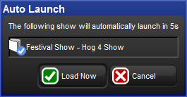 The auto launch window that appears when a show is about to auto launch.