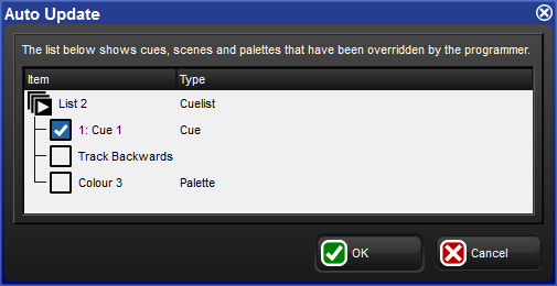 The Auto Update window, showing a cue and palette to be
						updated