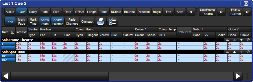 Cue editor window with Fade selected, and a variety of timing values