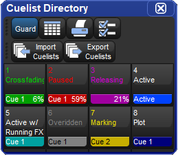 Screenshot fragment of the Cuelist Directory with live cuelists and
							one cuelist fading.