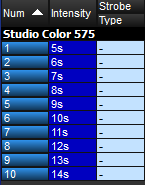 Screenshot fragment showing fade times of Studio Colors 1-10 after fanning 5-14 seconds