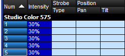 screenshot fragment, showing before fanning the intensities of Studio Colors 1-5 around 30% base, to 10-50% range.