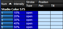 screenshot fragment, showing after fanning the intensities of Studio Colors 1-5 around 30% base, to 10-50% range.