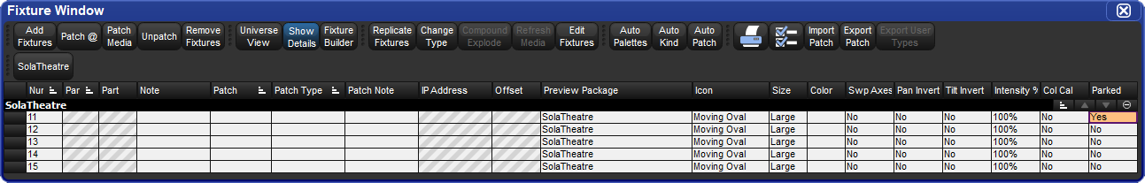 Screenshot fragment showing the parked column of the fixture window, with some fixtures parked