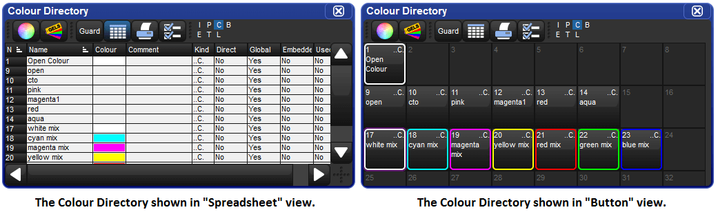 Screenshot fragment, showing the colour directory in spreadsheet and
						button view..