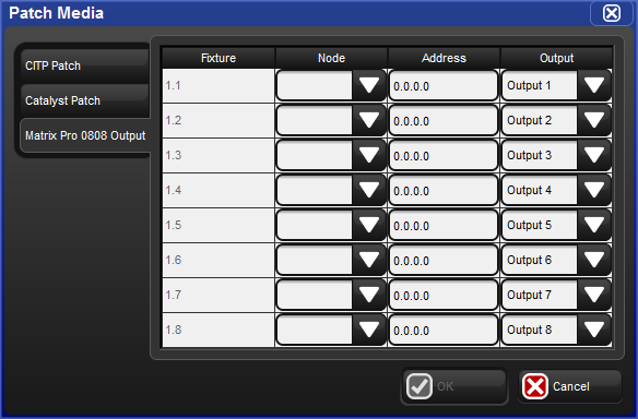 Barco Matrix 0808 tab in patch media window