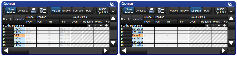 Screenshot fragment showing parked parameters in the output window