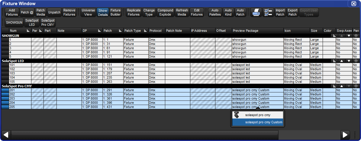 Assigning Preview Packages to Fixtures in the Fixture Window 