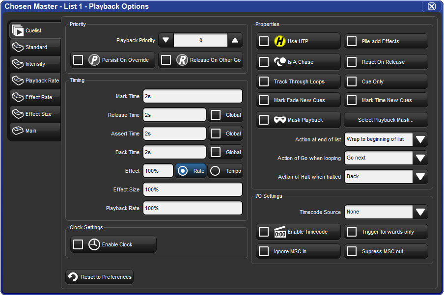 The cuelist pane of the playback options window