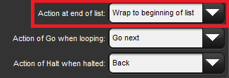 Screenshot fragment of Action at End of List menu of Playback Options Cuelist window.