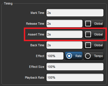 Screenshot fragment of Assert Time cell of Playback Options Cuelist window.