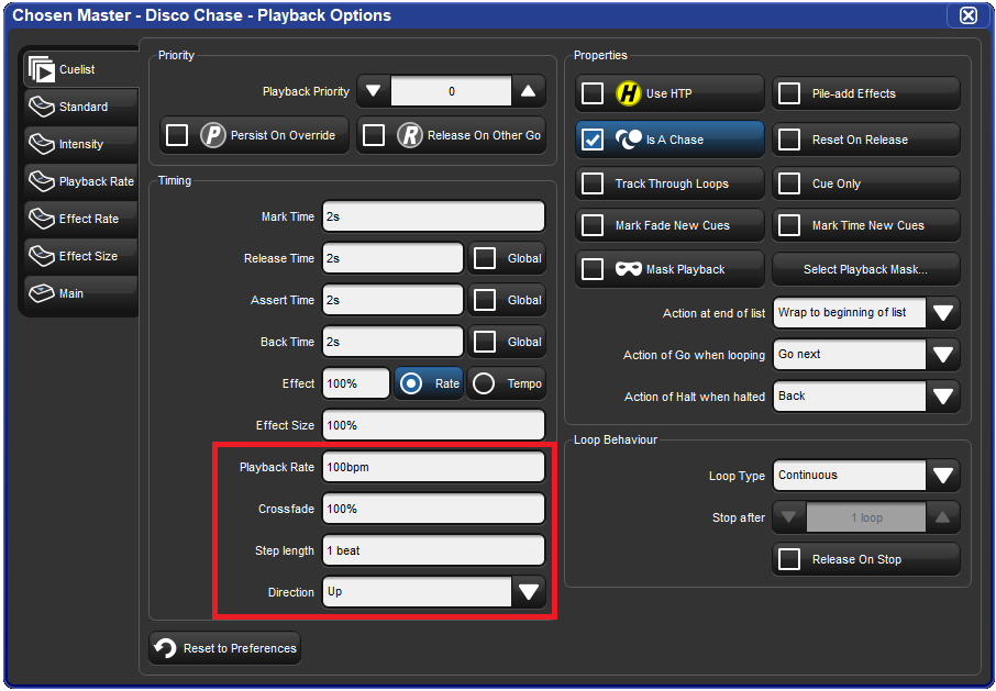 Screenshot fragment of the Chase options of Playback Options Cuelist window.