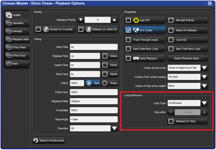 Screenshot fragment of Loop options of Playback Options Cuelist window.