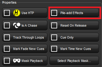 Screenshot fragment of Pile Add Fx button of Playback Options Cuelist window.