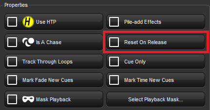 Screenshot fragment of Reset on Release button of Playback Options Cuelist window.