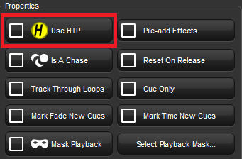 Screenshot fragment of Use HTP button of Playback Options
									Cuelist window.