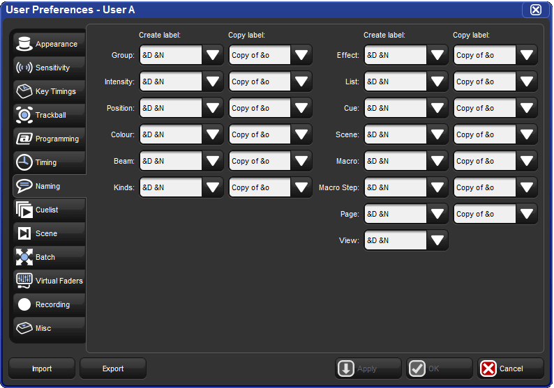 The default naming pane of the preferences window, with default
              settings