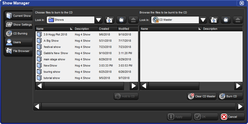 The CD Burning pane of the Show Manager window