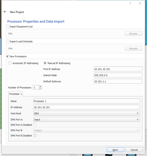 New Project Processor Properties and Data Import Dialog