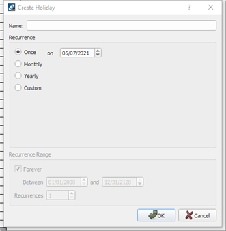 Timed Events, Create Holiday Dialog