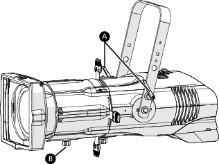Detail view of fixture showing yoke tilt-locks and beam focus knob