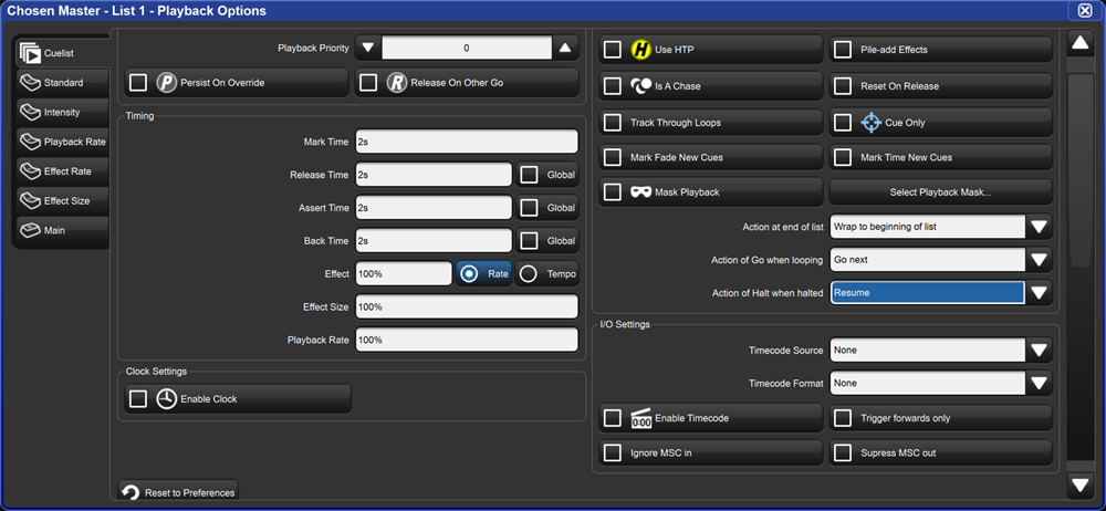 Playback Options Cuelist
